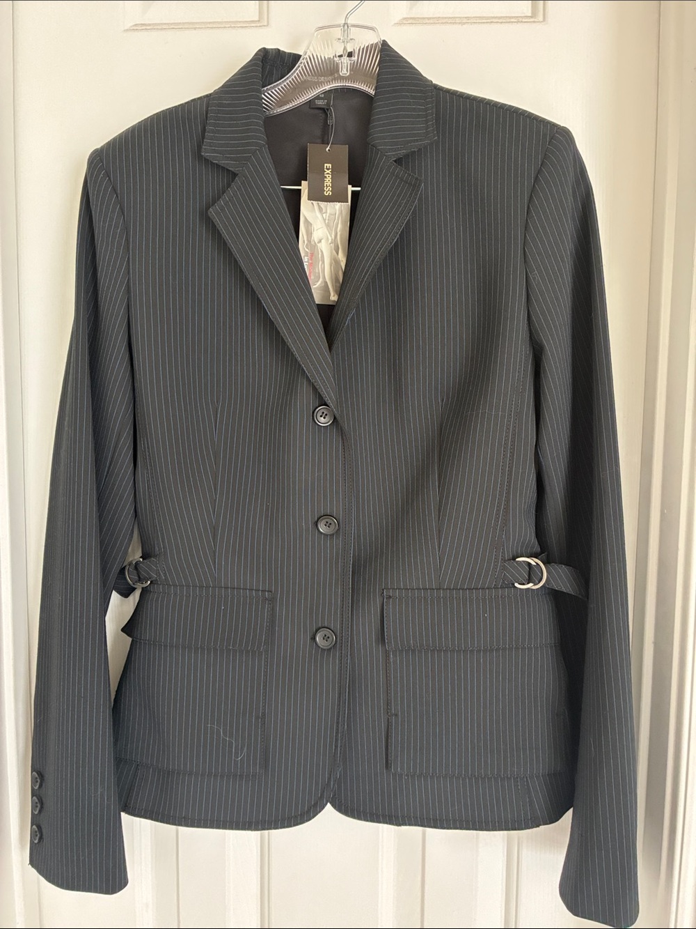 Express Women's Black Pinstripe Tailored Blazer with Blue Stripes